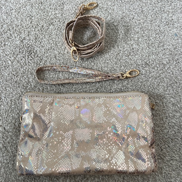 Rose Gold Holographic Animal Print Clutch Bag with Wrist and Shoulder Strap - Picture 1 of 7